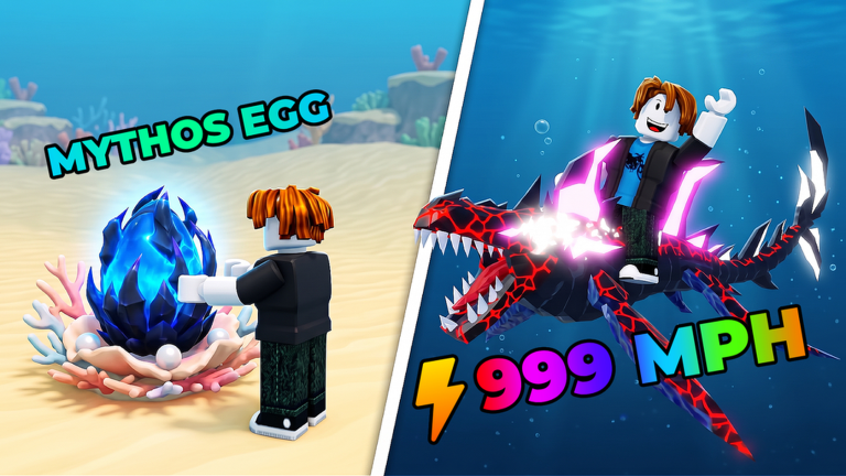 Split view of a player collecting a glowing Mythos Egg on the seabed and riding a spiky lava fish underwater.
