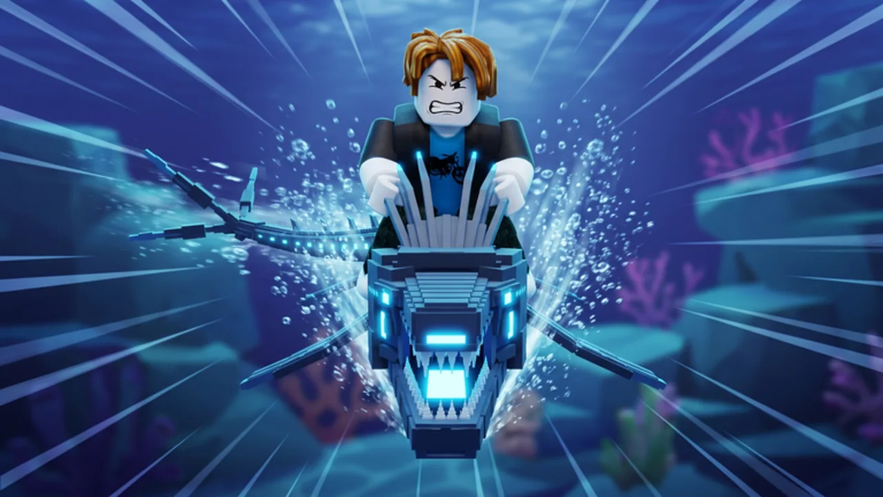 Ride A Fish key art of a player riding a mechanical deep-sea fish underwater